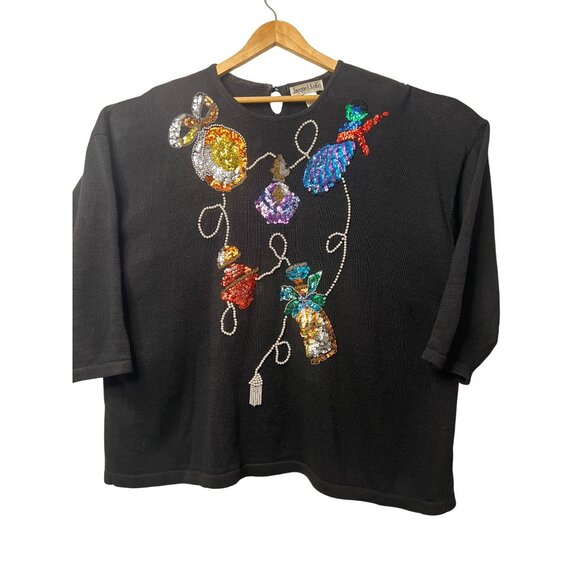 Jacque & KoKo Black Sequin Ornament Sweater Womens Plus Size 26/28 Vintage - Picture 1 of 16